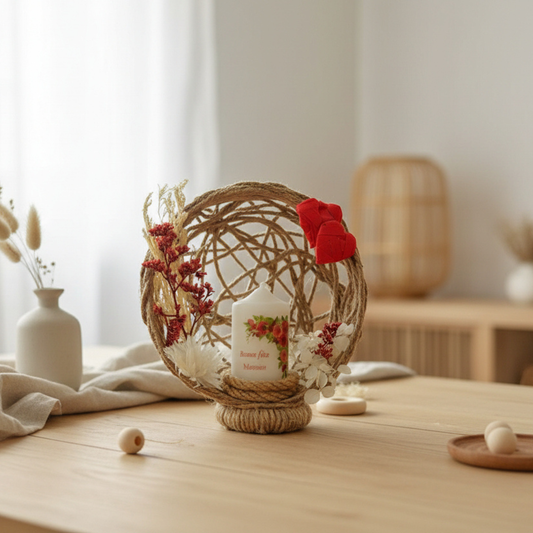 Composition Florale avec Bougie Personnalisée – Centre de Table de Mariage Bohème Chic