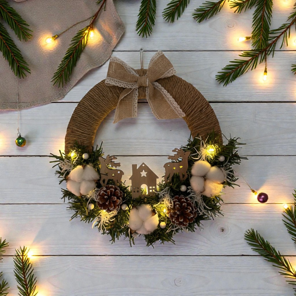 Couronne de Porte de Noël Blanche & Lumineuse – Création Artisanale en Bois, Jute & Fleurs Blanches