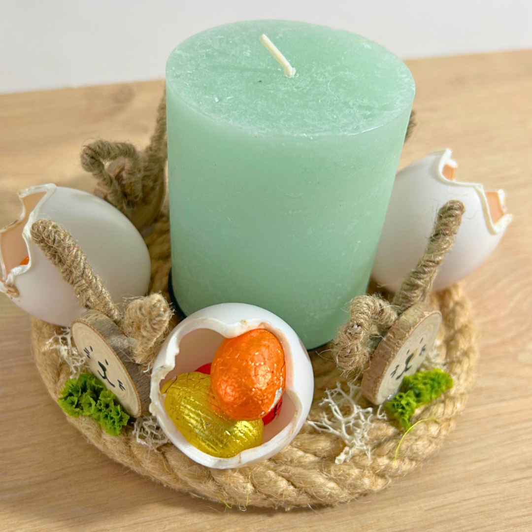 Centre de table de Pâques – bougie & lapins en bois