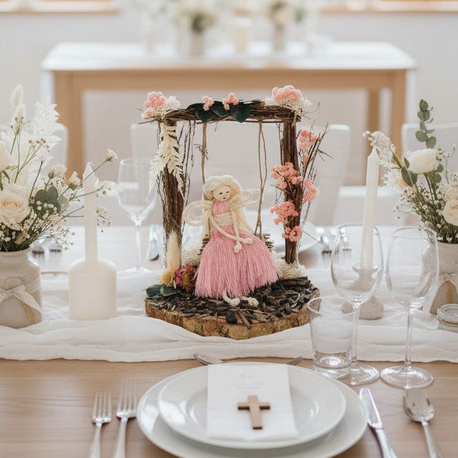 Centre de table baptême fée lumineuse – décoration douce en fleurs séchées