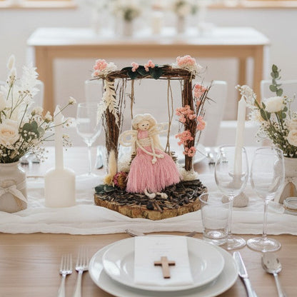 Centre de table baptême fée lumineuse – décoration douce en fleurs séchées