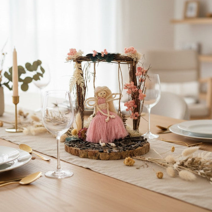 Centre de table anniversaire fée lumineuse – décoration féérique en fleurs séchées