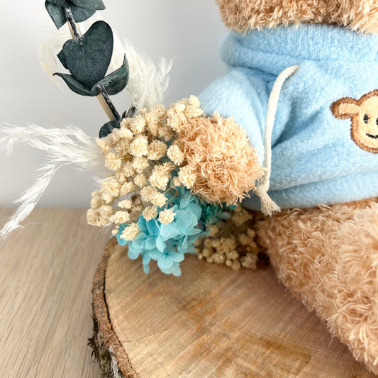 Centre de Table & Déco Personnalisée – Ourson, Bois & Fleurs Séchées – Cadeau Unique à Offrir