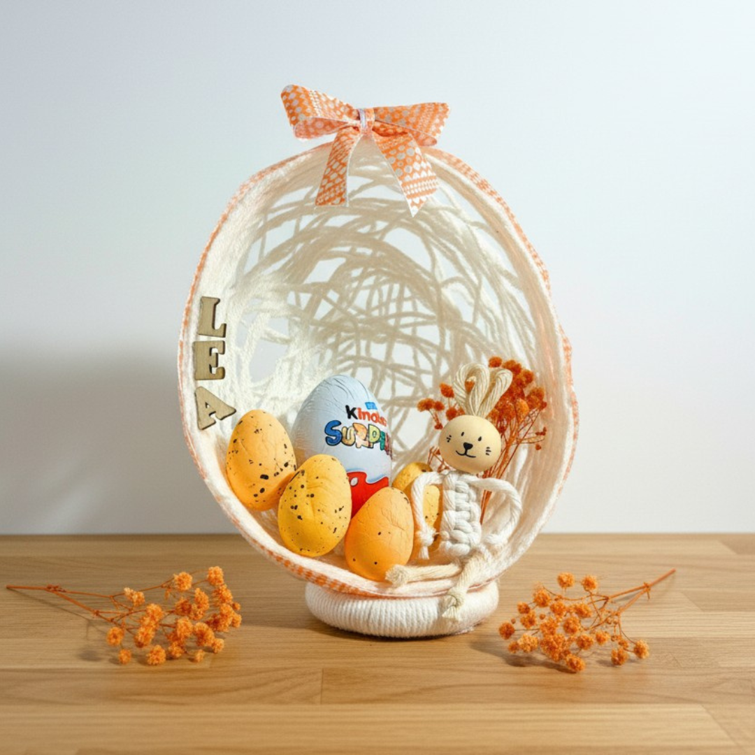 Œuf de Pâques personnalisé – lapin macramé & œuf Kinder