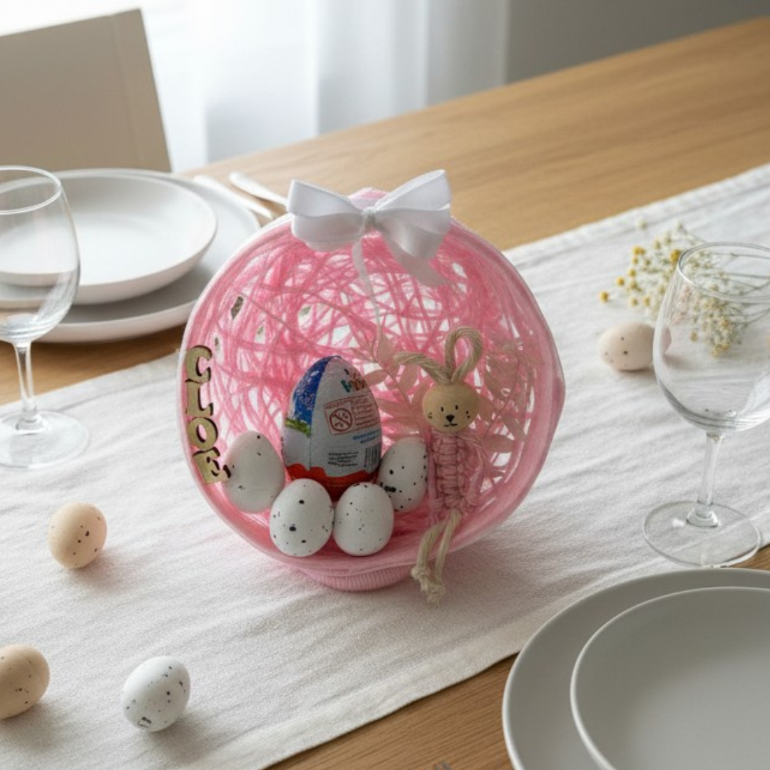 Œuf de Pâques personnalisé – lapin macramé & œuf Kinder