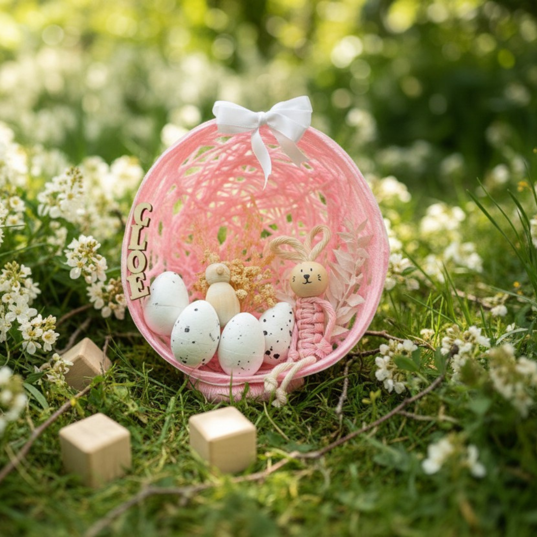 Œuf de Pâques personnalisé – décoration lapin macramé & fleurs séchées