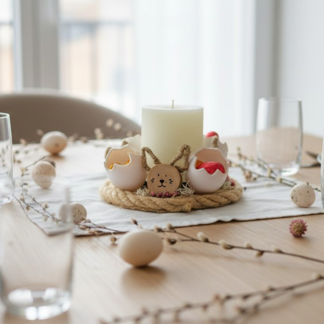 Centre de table de Pâques – bougie & lapins en bois