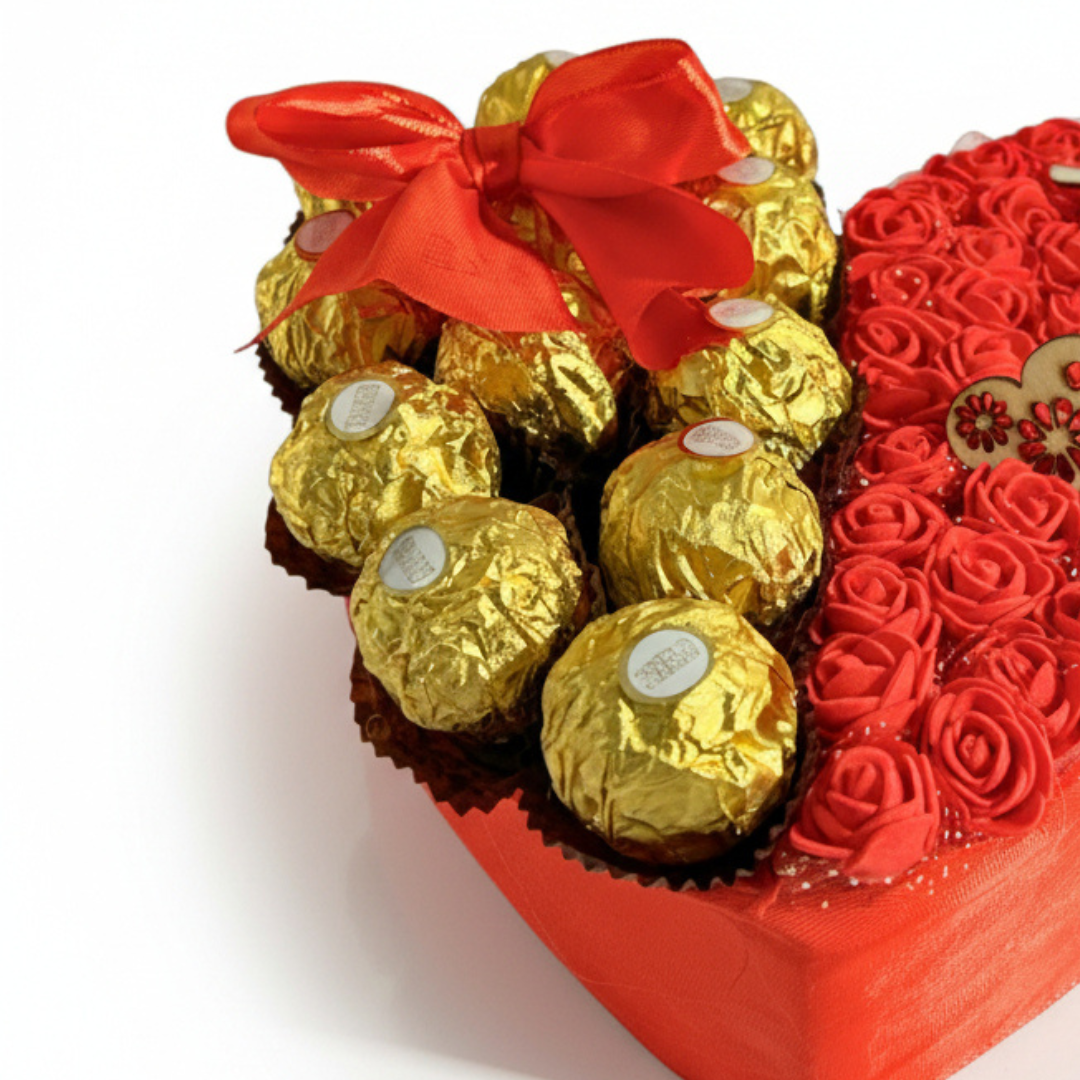 Cœur Gourmand & Fleuri – Roses Artificielles & Ferrero Rocher – Cadeau Romantique