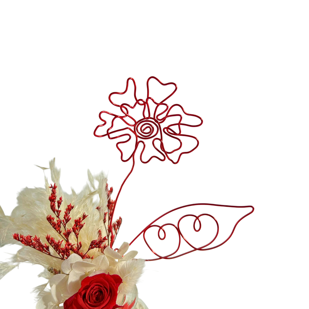 Vase Fleuri Personnalisé – Fleurs Séchées, Rose Éternelle & Fleur en Fil d’Aluminium