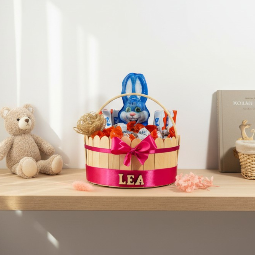 Panier de Pâques garni – chocolats & lapin personnalisable