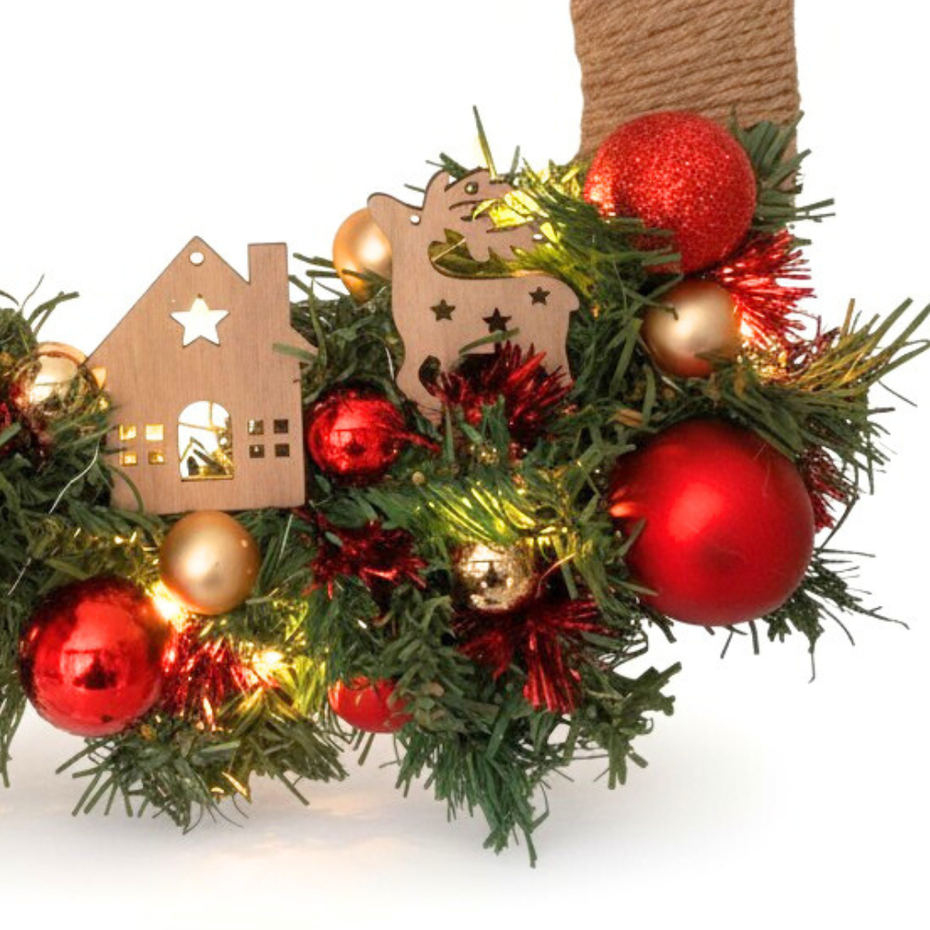 Couronne de Porte de Noël Lumineuse – Création Artisanale en Bois & Jute