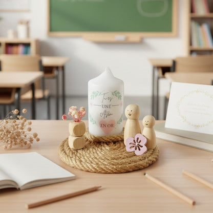 Décoration personnalisée avec bougie – Cadeau maîtresse, ATSEM ou nounou