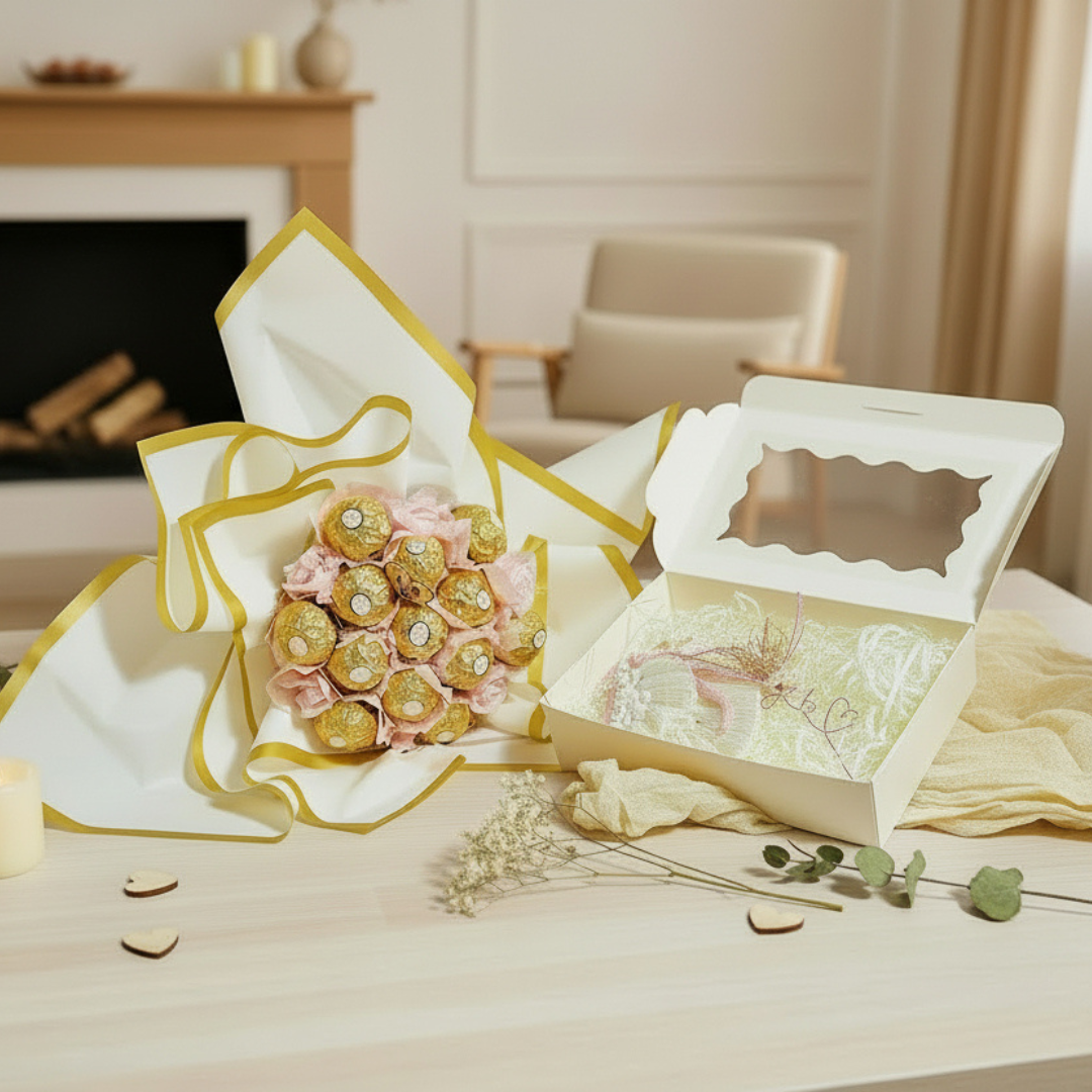Coffret Cadeau Duo Gourmand & Poétique – Bouquet Ferrero & Porte-Clé + Marque-Page “Je t’aime”