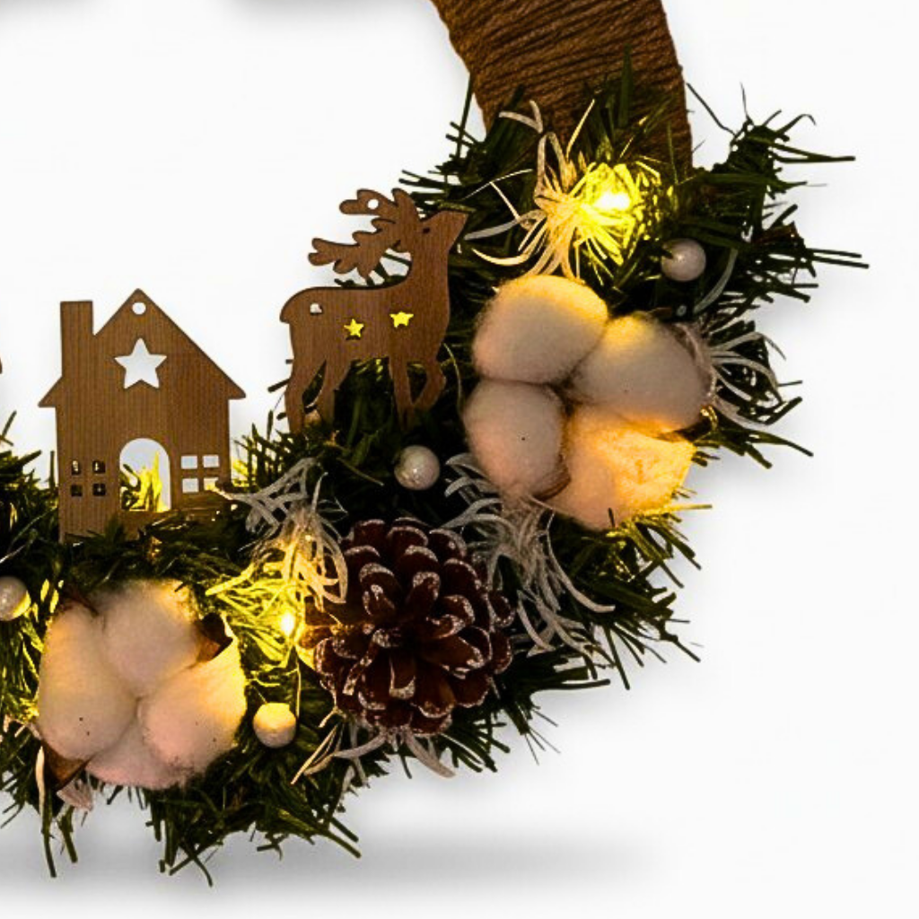 Couronne de Porte de Noël Blanche & Lumineuse – Création Artisanale en Bois, Jute & Fleurs Blanches
