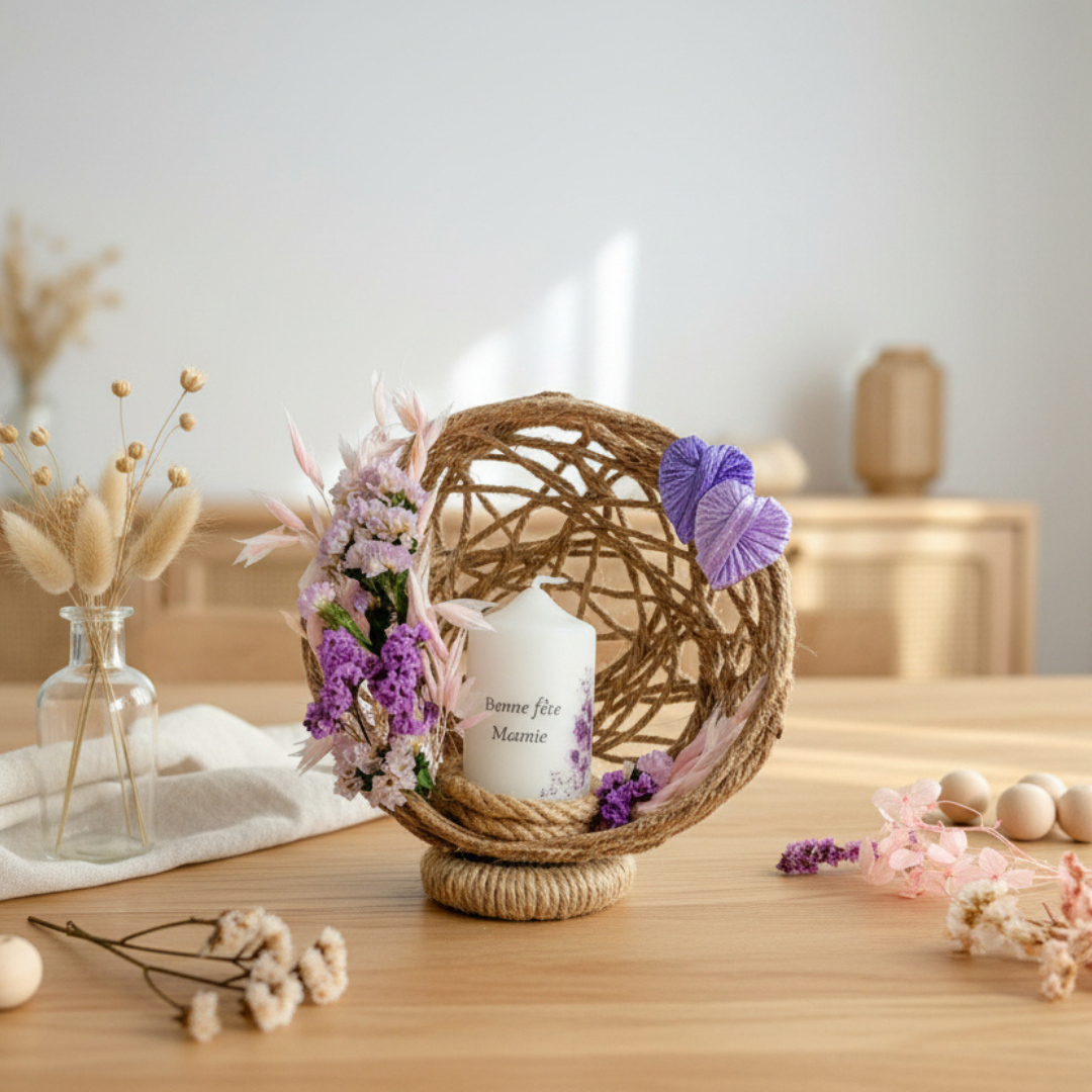 Composition Florale avec Bougie Personnalisée – Cadeau Unique & Intemporel