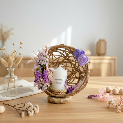 Composition florale personnalisée avec bougie – Cadeau Fête des Grand-Mères unique