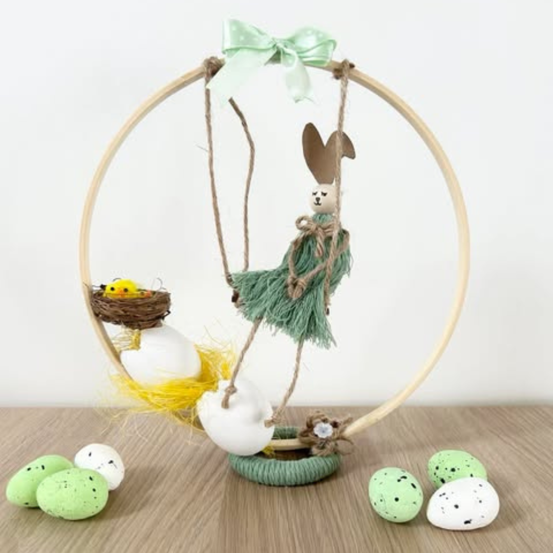 Centre de table de Pâques – Cercle bois & lapin en macramé