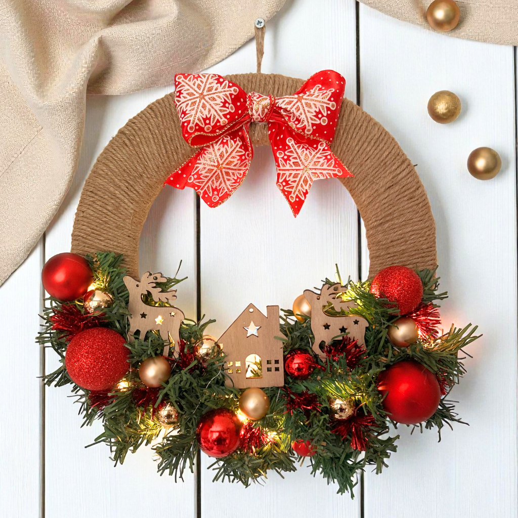 Couronne de Porte de Noël Lumineuse – Création Artisanale en Bois & Jute