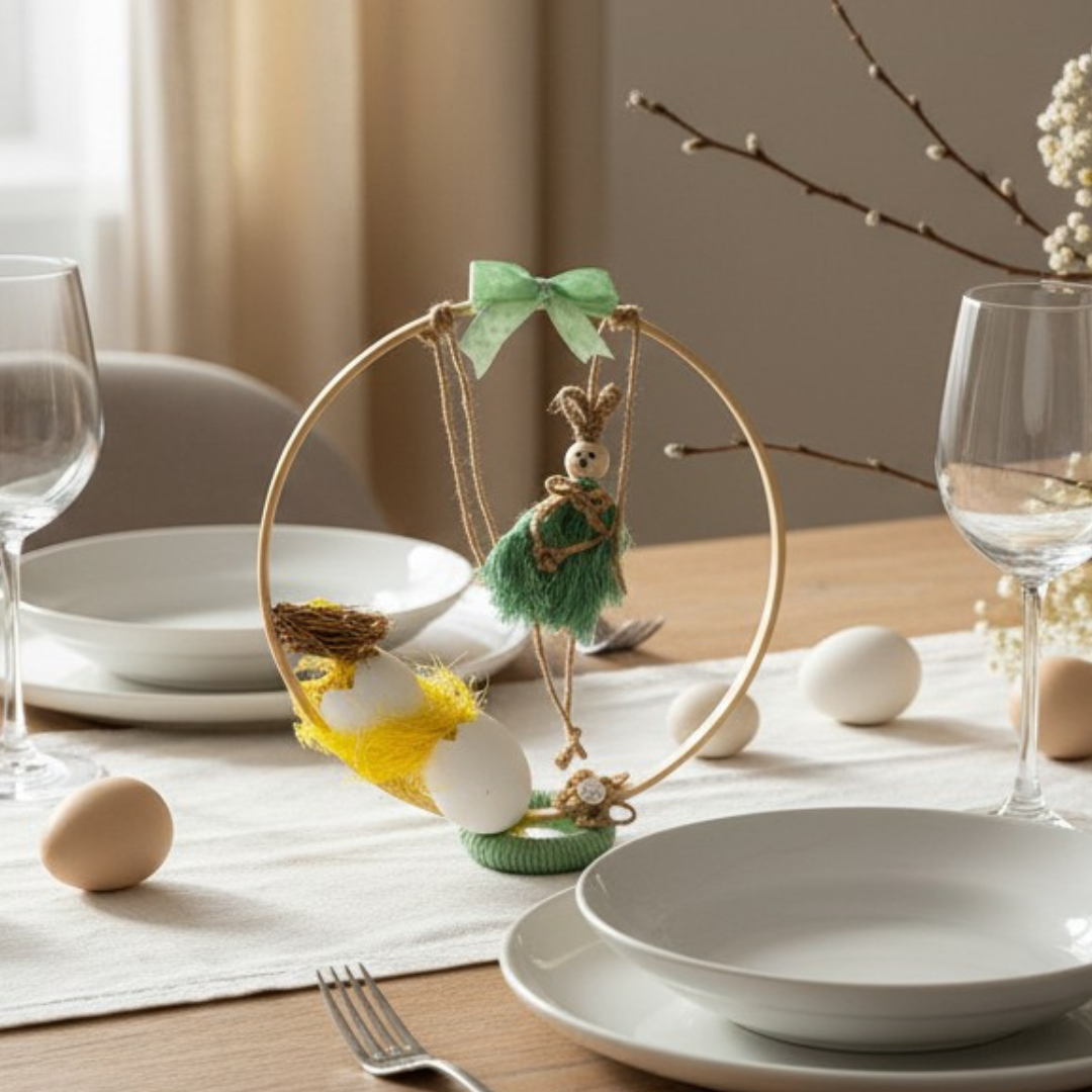 Centre de table de Pâques – lapin macramé sur balançoire & cercle en bois