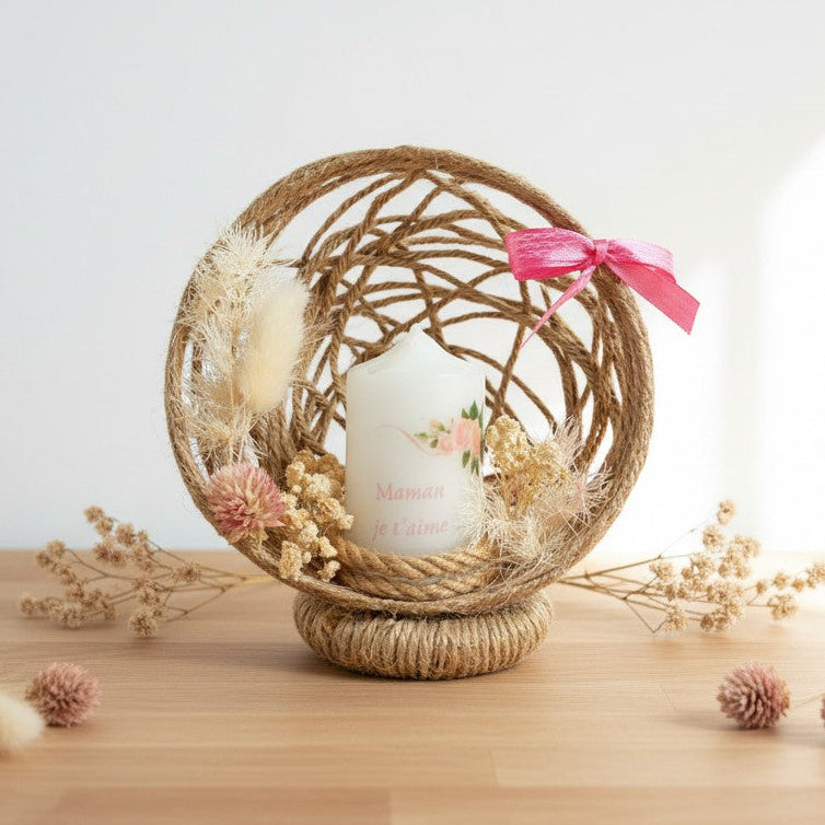 Composition florale personnalisée avec bougie – Cadeau d’anniversaire unique et fait main