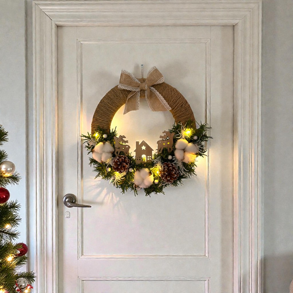 Couronne de Porte de Noël Blanche & Lumineuse – Création Artisanale en Bois, Jute & Fleurs Blanches