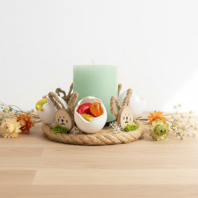 Centre de table de Pâques – bougie & lapins en bois