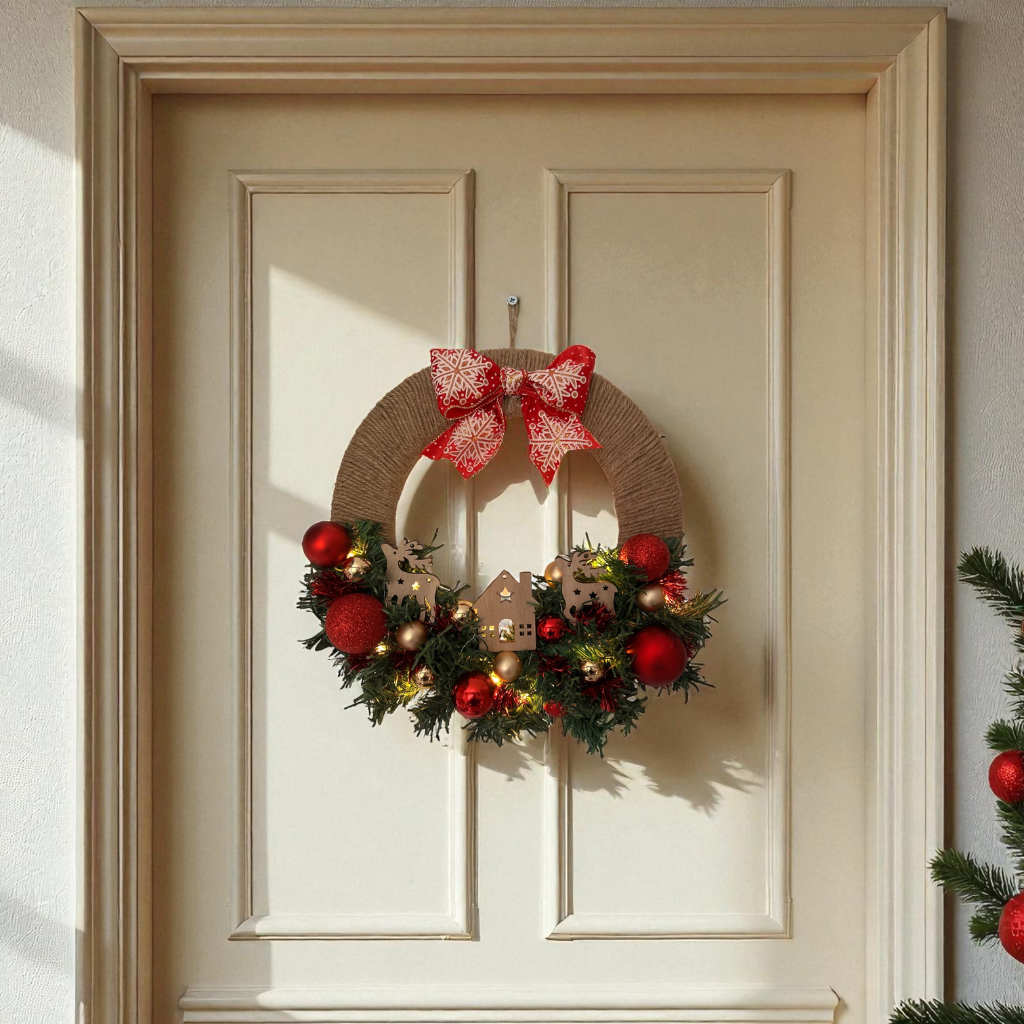 Couronne de Porte de Noël Lumineuse – Création Artisanale en Bois & Jute