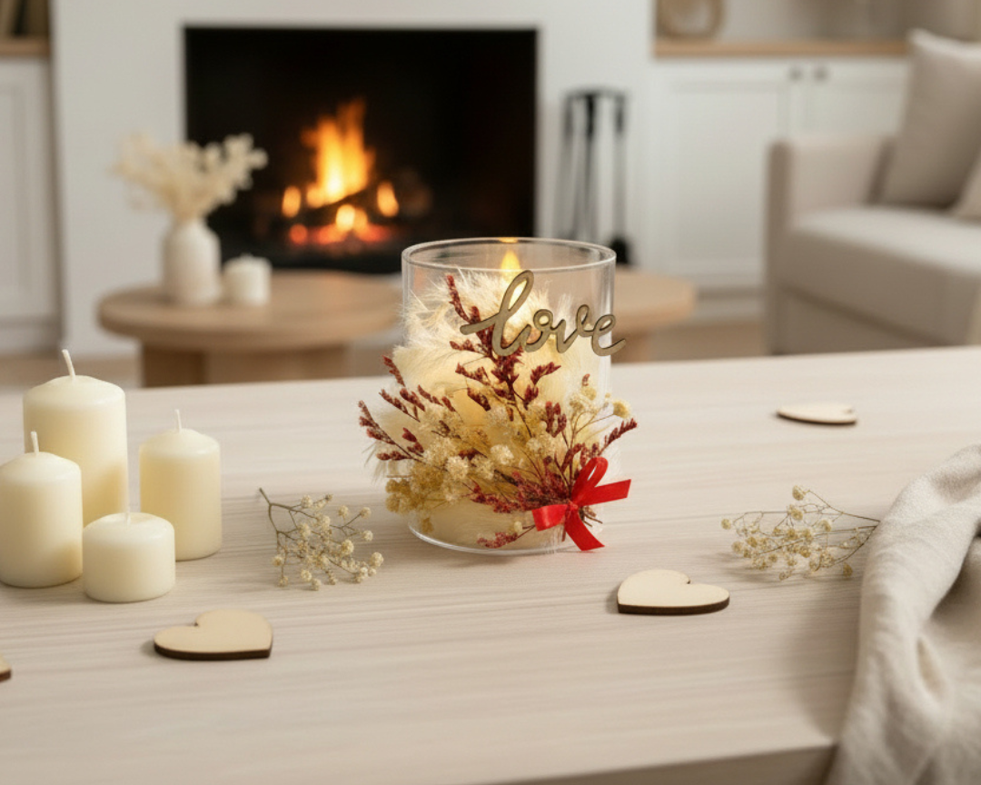 Fausse Bougie Décorative Saint-Valentin – Fleurs Séchées & Love en Bois