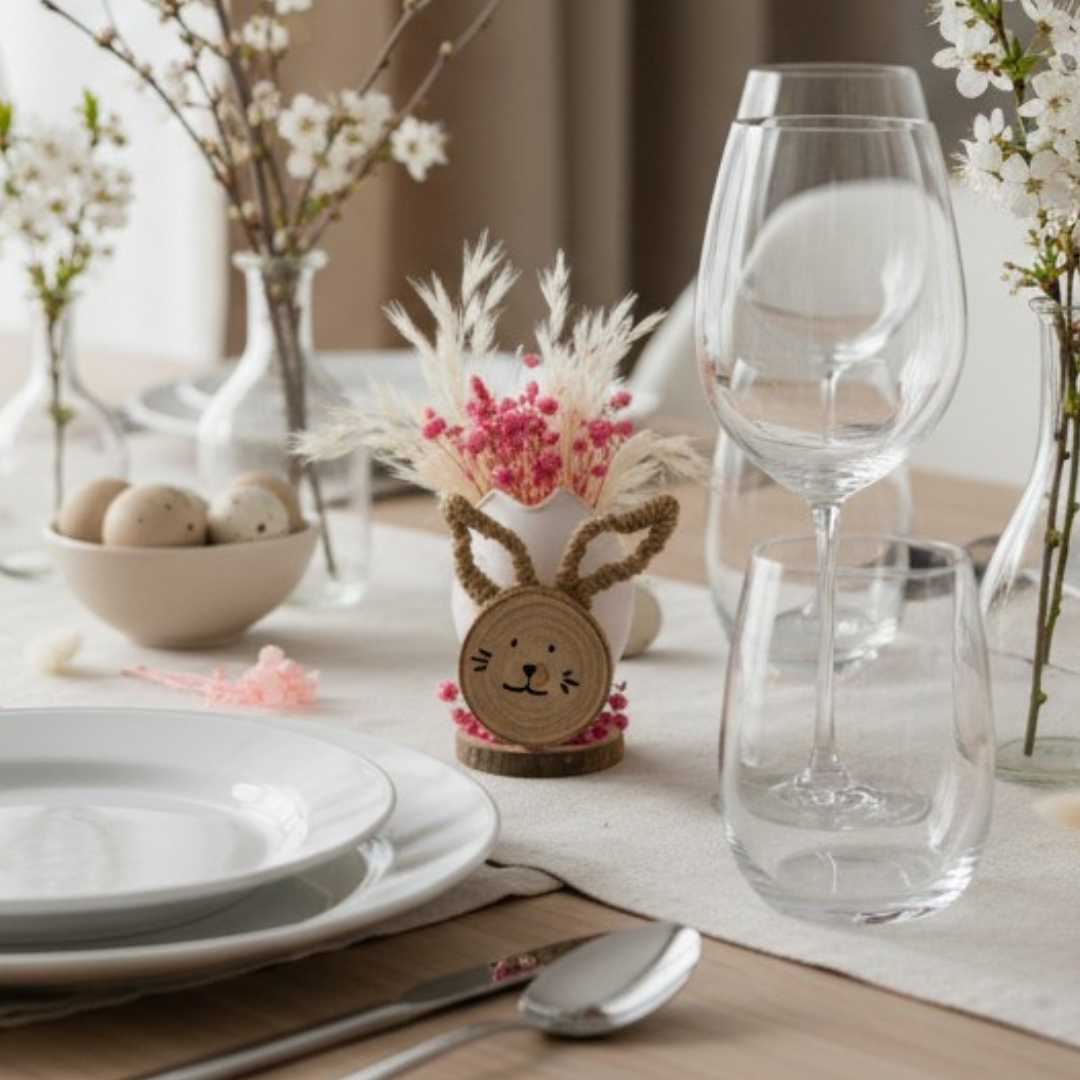 Décoration de table pâques – Lapin en bois avec fleurs séchées