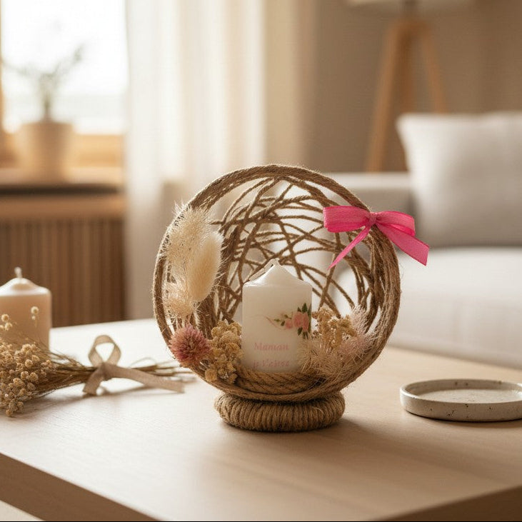 Composition florale personnalisée avec bougie – Plaisir d’offrir, cadeau unique et fait main