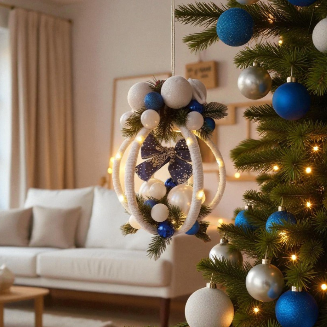 Grande Boule de Noël Lumineuse – Création Artisanale en Bambou et Laine