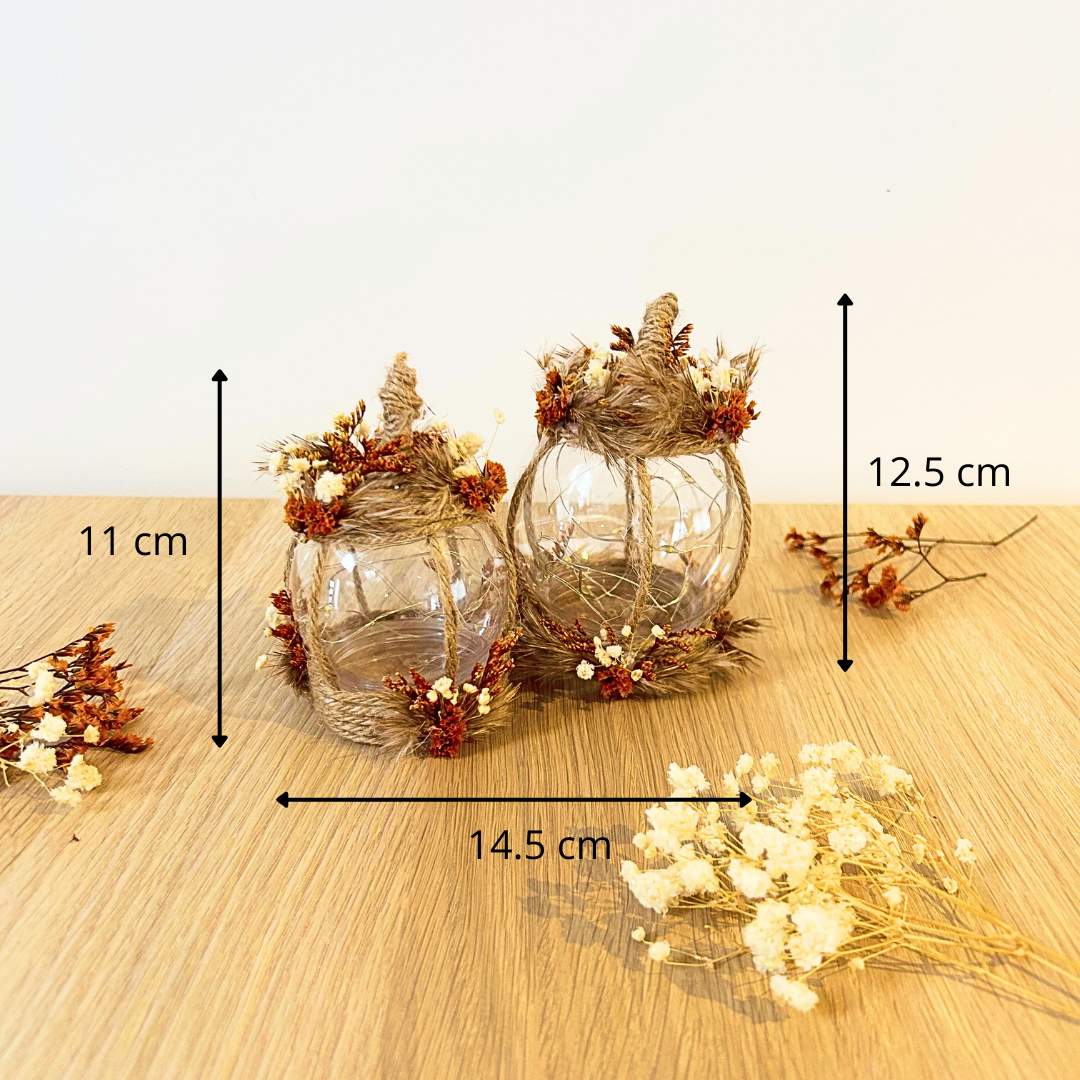 Citrouille Lumineuse Décorative – Fleurs Séchées Marron, Beige & Blanc – Déco Automne & Halloween