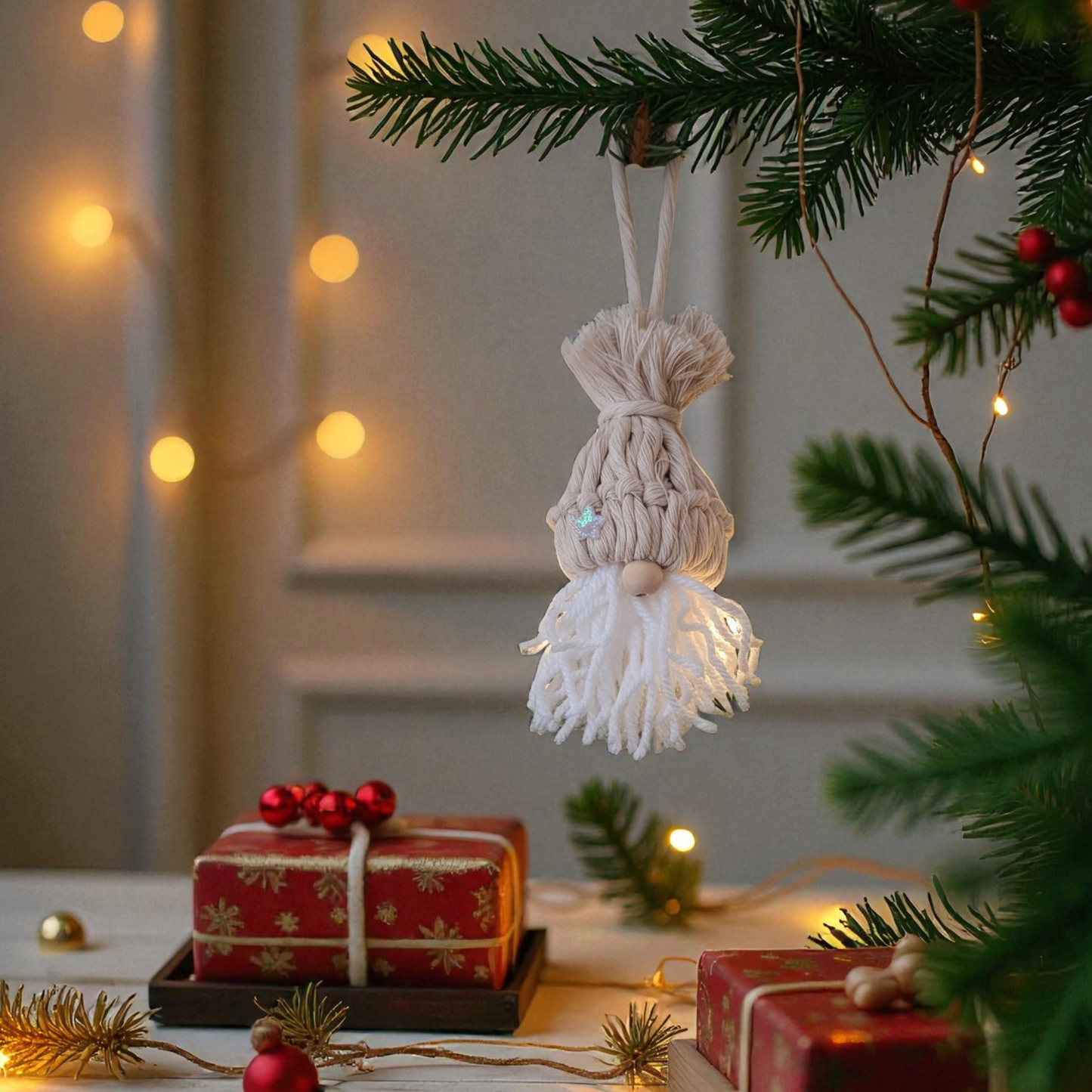 Gnome de Noël en Macramé – Décoration de Sapin Artisanale
