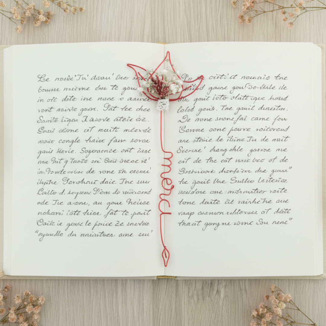 Marque-Page Personnalisé – Fleurs Séchées & Fil Métal – Plaisir d’Offrir