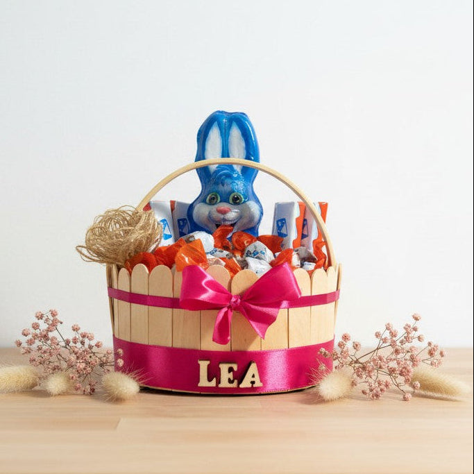 Panier de Pâques garni – chocolats & lapin personnalisable