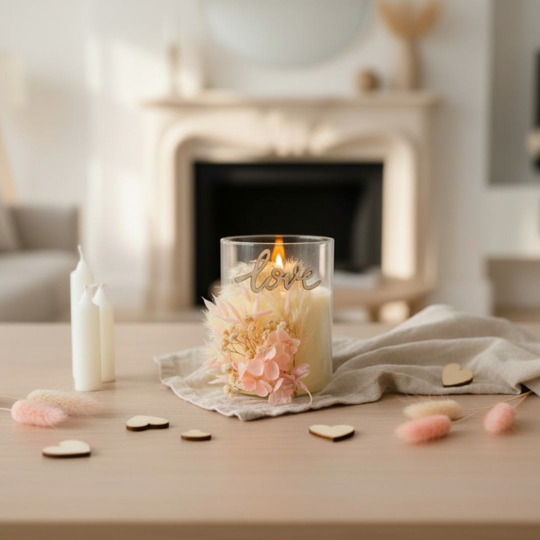 Fausse Bougie Décorative Saint-Valentin – Fleurs Séchées & Love en Bois