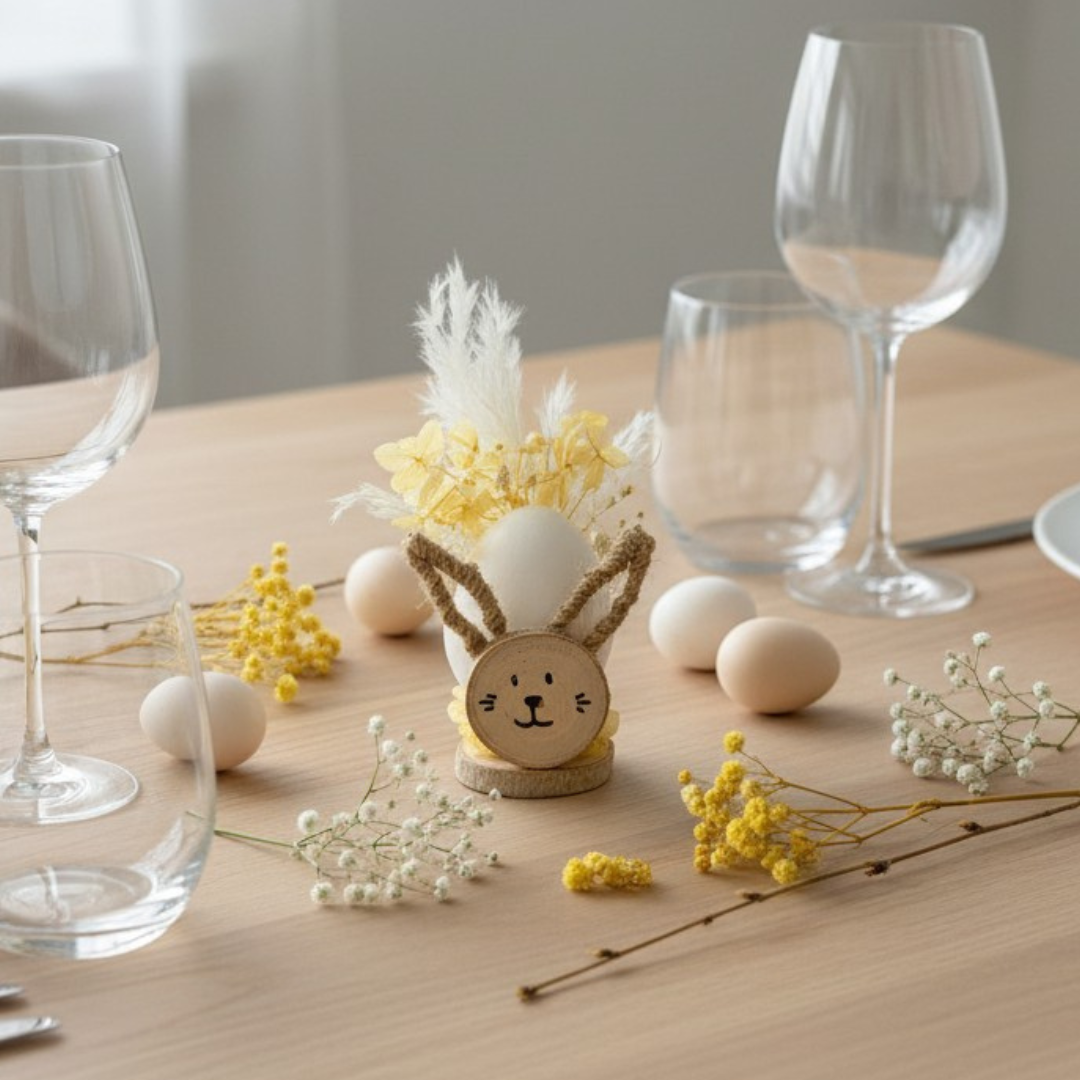 Décoration de table pâques – Lapin en bois avec fleurs séchées