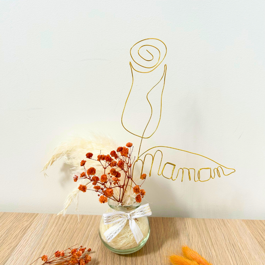 Vase fleurs séchées & rose fil de fer - Cadeau Fête des Mères personnalisé
