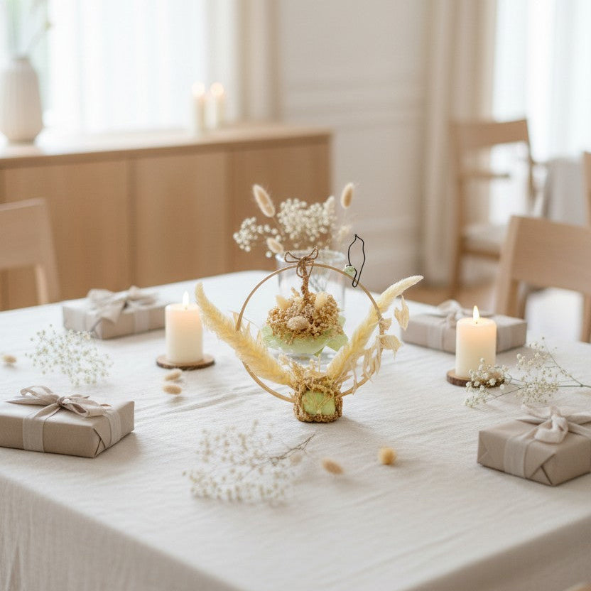 Composition florale personnalisée – Centre de table baptême