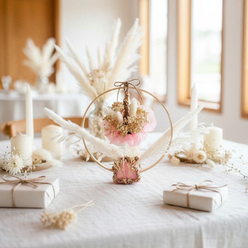 Composition florale personnalisée – Centre de table baptême