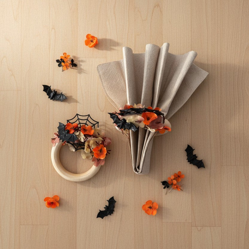 Rond de Serviette Halloween en Bois – Fleurs Artificielles, Toile d’Araignée & Chauve-Souris