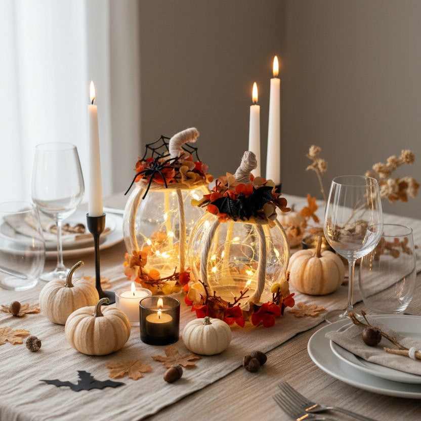 Citrouille Lumineuse Halloween – Décoration de Table avec Fleurs Artificielles
