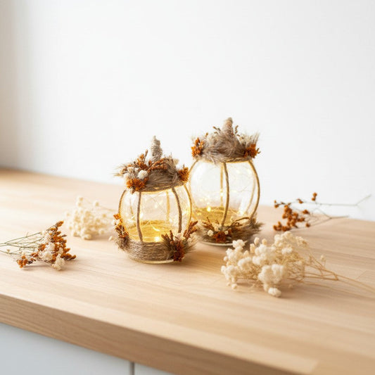 Citrouille Lumineuse Décorative – Fleurs Séchées Marron, Beige & Blanc – Déco Automne & Halloween
