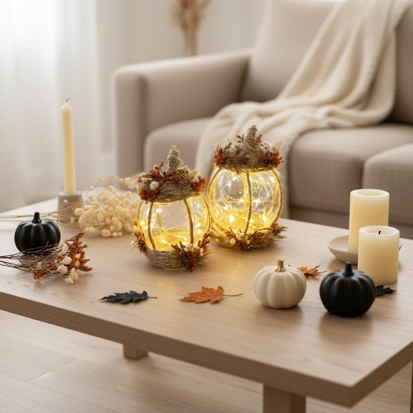 Citrouille Lumineuse Décorative – Fleurs Séchées Marron, Beige & Blanc – Déco Automne & Halloween
