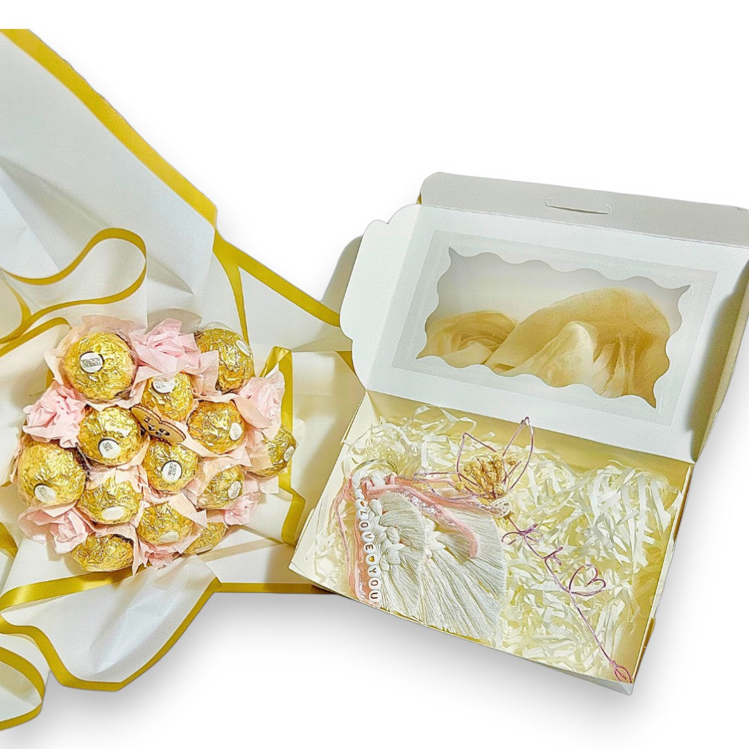 Coffret Cadeau Duo Gourmand & Poétique – Bouquet Ferrero & Porte-Clé + Marque-Page “Je t’aime”