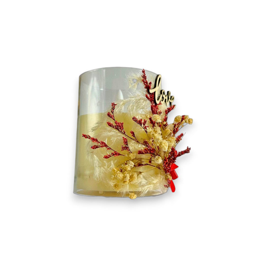 Fausse Bougie Décorative Saint-Valentin – Fleurs Séchées & Love en Bois
