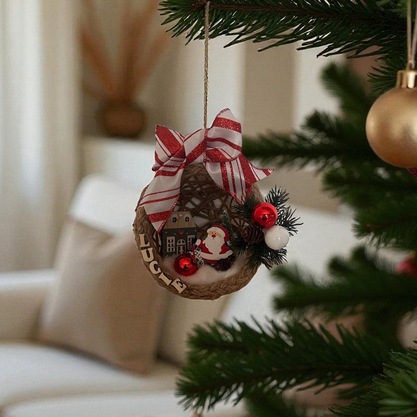 Boule de Noël Personnalisée en corde de jute – Modèle Grand Format 16 cm