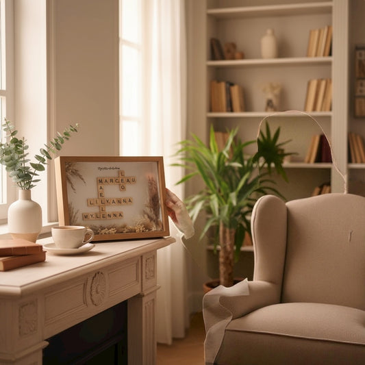 Cadre Scrabble Personnalisé Prénoms & Fleurs Séchées – Le Plaisir d’Offrir