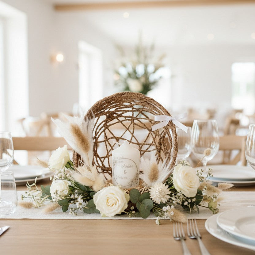 Centre de table mariage personnalisé avec bougie – décoration élégante et fait main
