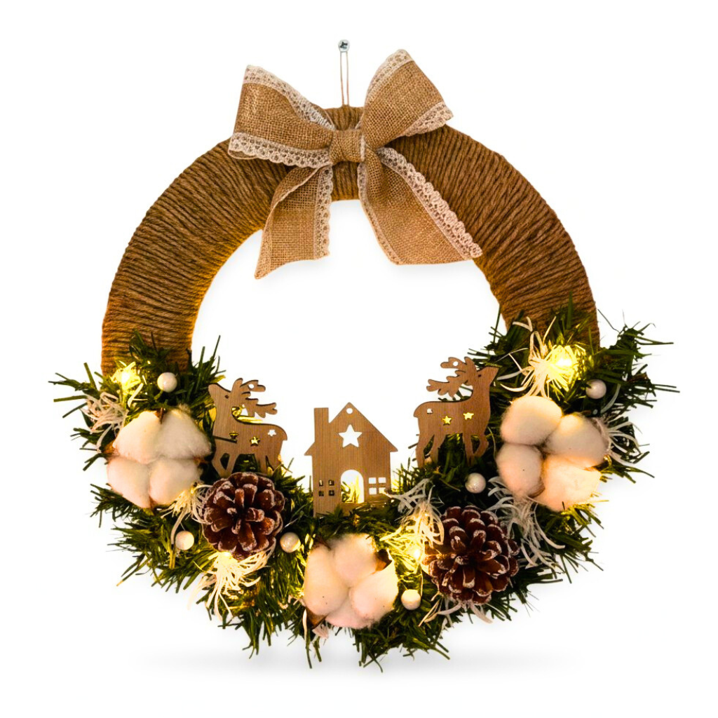 Couronne de Porte de Noël Blanche & Lumineuse – Création Artisanale en Bois, Jute & Fleurs Blanches